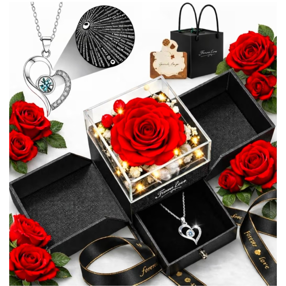 Preserved Real Rose with Heart Necklace “I Love You” in 100 Languages